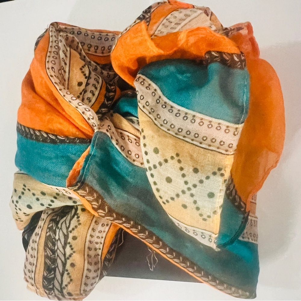 Sincerely Jules Artsy Multifunctional Headwrap Scarf Orange and Teal Patterned